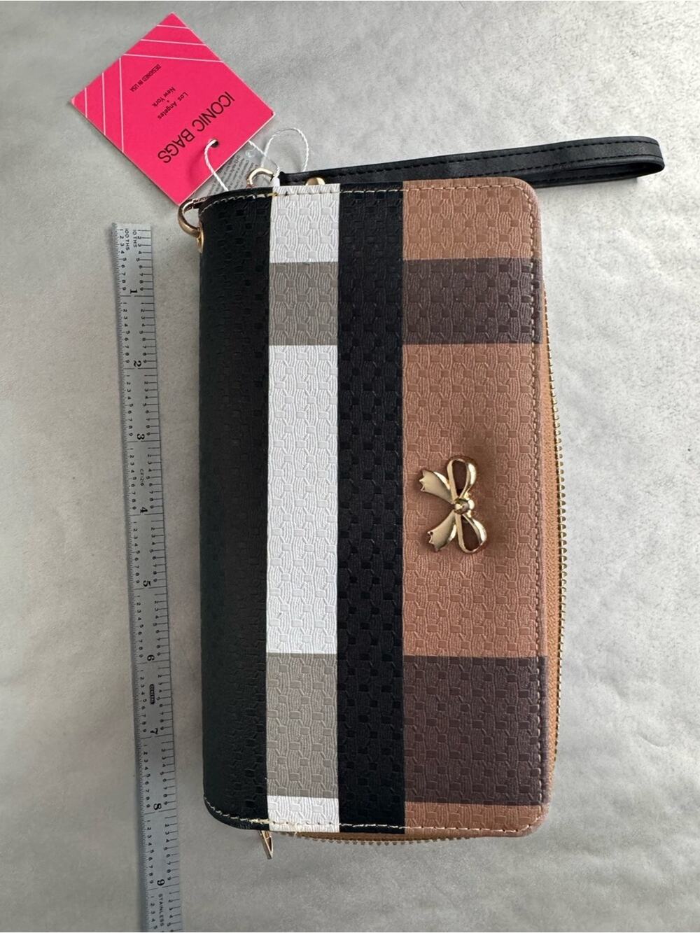 Striped Bow Zip Wristlet Clutch - Black, White & Brown